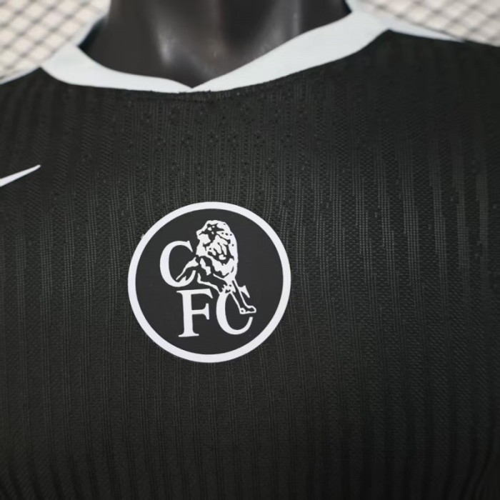 25/26 Player Version  Chelsea Away Dark Gray with Vertical Stripe Texture and Blue Piping Jersey
