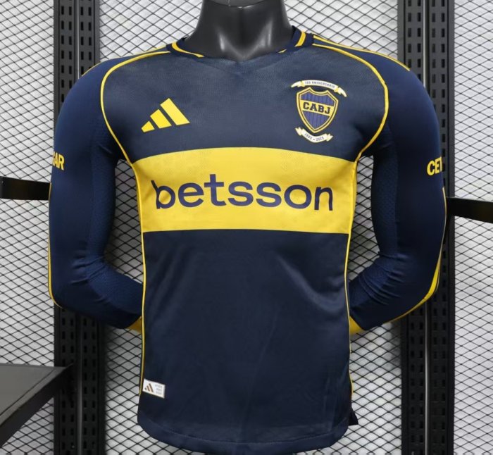 25/26 Player Version Boca Juniors Home Navy Blue with Yellow Chest Band Long Sleeve Jersey