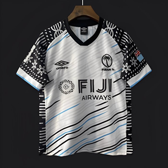 2025 Fiji 7s White with Wave Pattern and Traditional Tapa Cloth Design Jersey