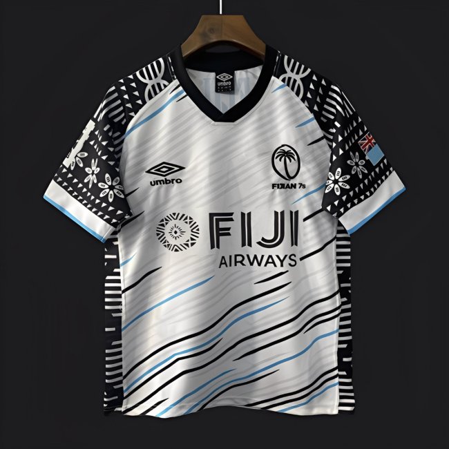 2025 Fiji 7s White with Wave Pattern and Traditional Tapa Cloth Design Jersey