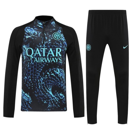 Player Version 25/26 Inter Milan Black with Blue Water Splash Pattern Half Zipper Jacket Tracksuit +Long Pants