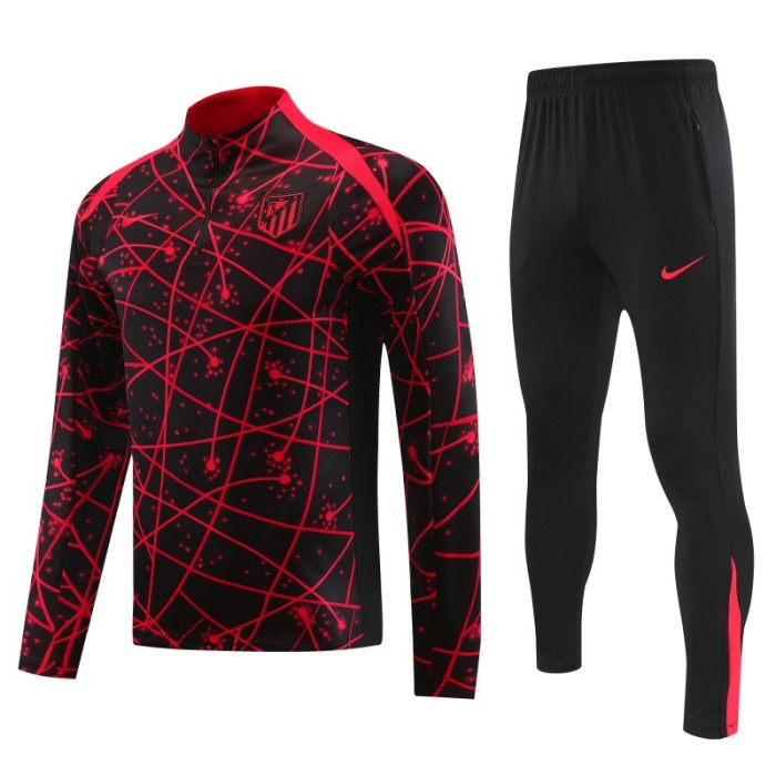 25/26 Atletico Madrid Black with Red Geometric Lines Pattern Half Zipper Jacket Tracksuit +Long Pants