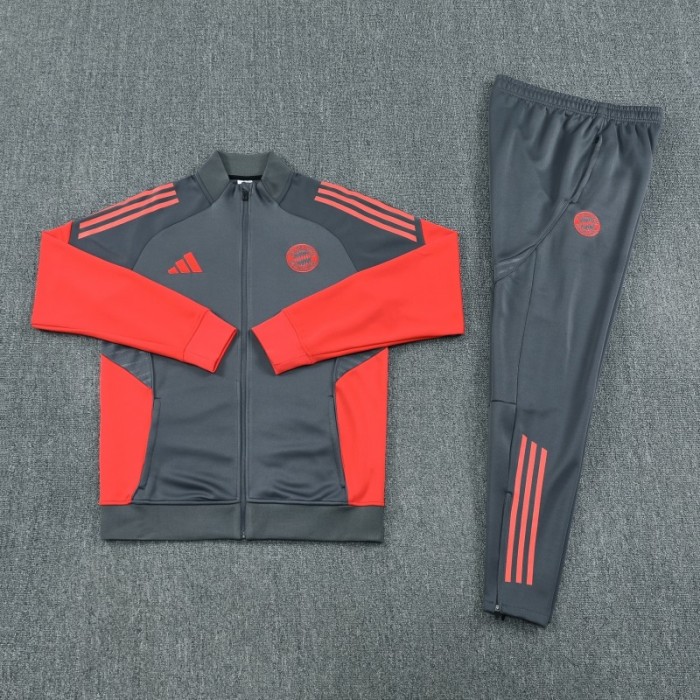 25/26 Bayern Munich Grey with Red Sleeves Half Zipper Jacket Tracksuit +Long Pants