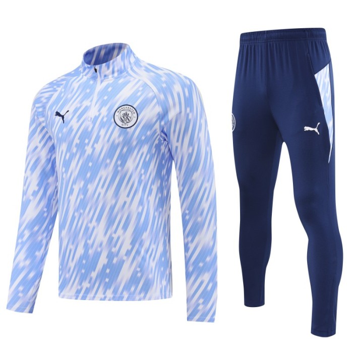 25/26 Manchester City White with Sky Blue Diagonal Stripes Half Zipper Jacket Tracksuit +Long Pants