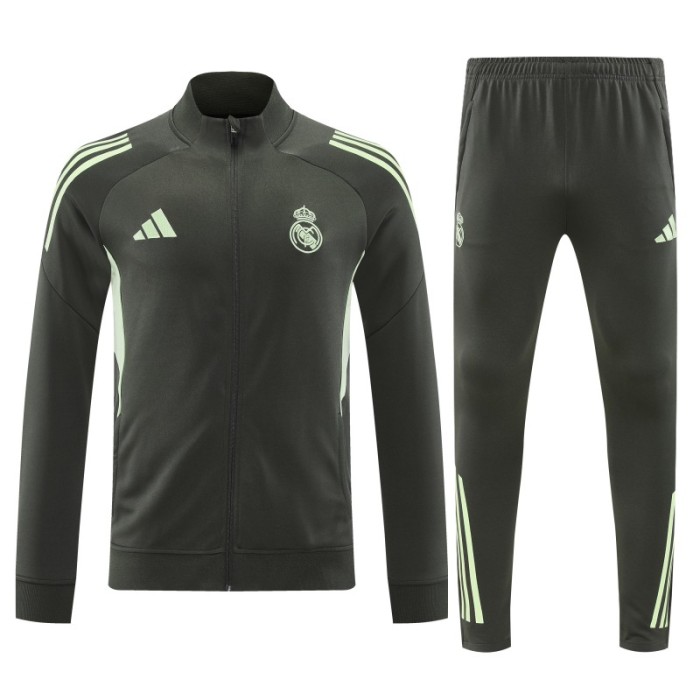 25/26 Real Madrid Dark Grey with Neon Green Stripes Half Zipper Jacket Tracksuit +Long Pants