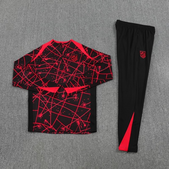 25/26 Atletico Madrid Black with Red Geometric Lines Pattern Half Zipper Jacket Tracksuit +Long Pants