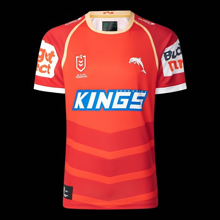 2025 Redcliffe Dolphins Red with Tonal Hoops Home Jersey