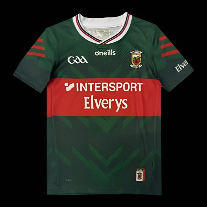 25/26 Kids  Mayo GAA Green and Red with Chevron Pattern Home Jersey