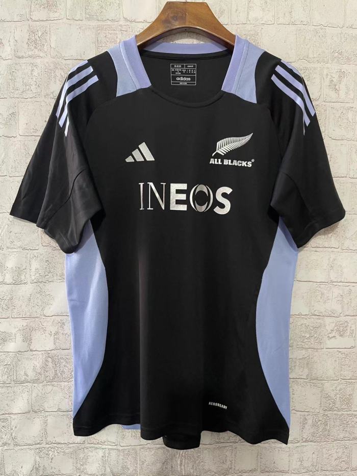 2024 New Zealand All Blacks Black with Light Blue Side Panels and Three Stripes Jersey