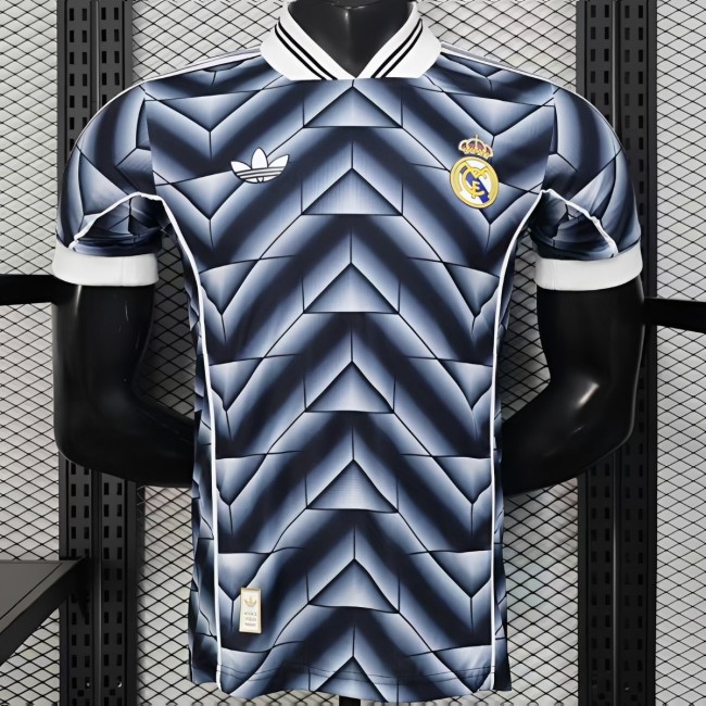 Retro Player Version  1988/89 Real Madrid Third Navy Blue with 3D Geometric Chevron Pattern Jersey