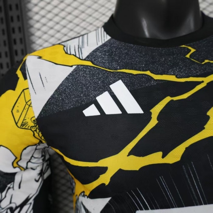Player Version 25/26 Real Madrid Special Edition Long Sleeve Black with Comic Superhero and Golden Lightning Pattern Jersey