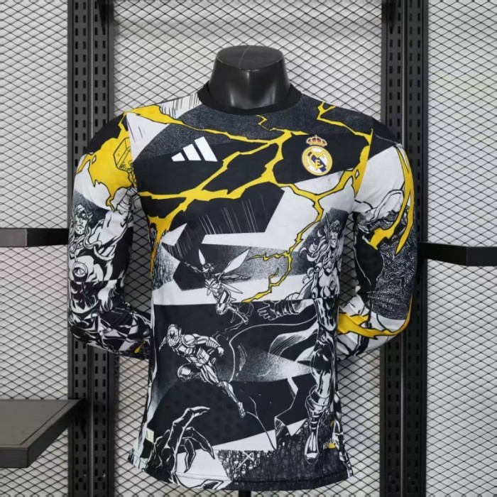 Player Version 25/26 Real Madrid Special Edition Long Sleeve Black with Comic Superhero and Golden Lightning Pattern Jersey