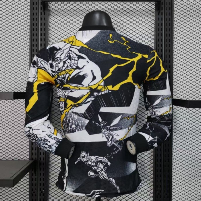 Player Version 25/26 Real Madrid Special Edition Long Sleeve Black with Comic Superhero and Golden Lightning Pattern Jersey