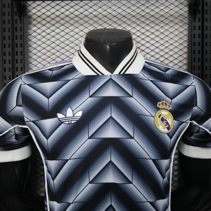 Retro Player Version  1988/89 Real Madrid Third Navy Blue with 3D Geometric Chevron Pattern Jersey