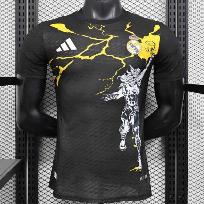 Player Version 25/26 Real Madrid Special Edition Black with Comic Superhero and Golden Lightning Pattern Jersey
