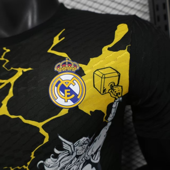 Player Version 25/26 Real Madrid Special Edition Black with Comic Superhero and Golden Lightning Pattern Jersey