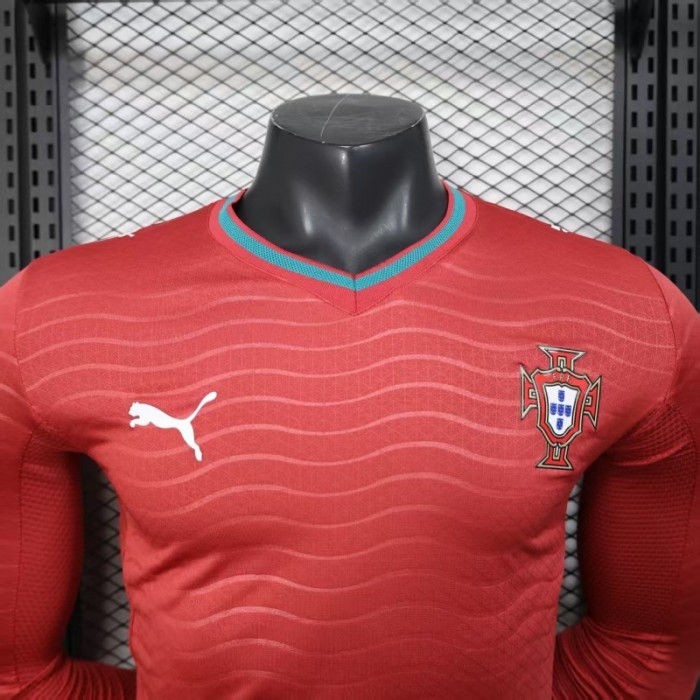 Player Version 2026 Portugal Home Long Sleeve Red with Horizontal Wave Pattern Jersey