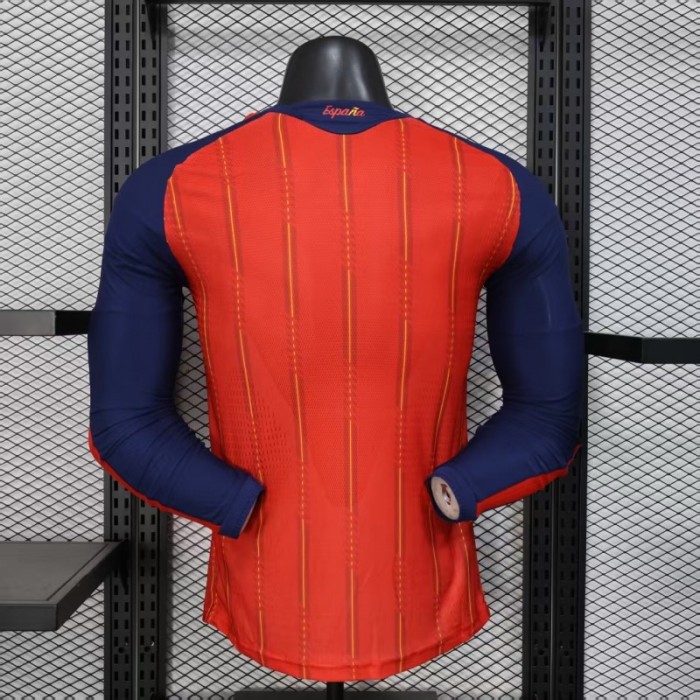 Player Version 2026 Spain Home Long Sleeve Red with Vertical Stripe Pattern Jersey