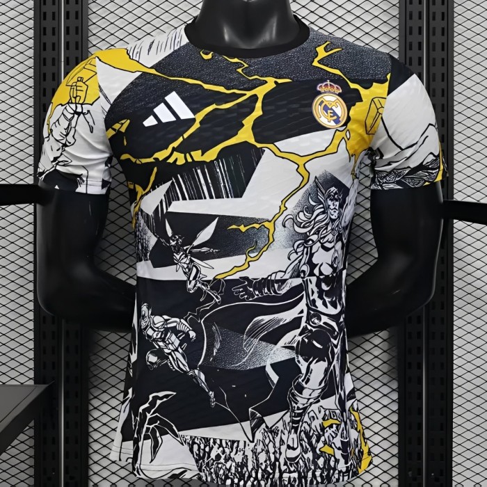 Player Version 25/26 Real Madrid Special Edition Black with Comic Superhero and Golden Lightning Pattern Jersey