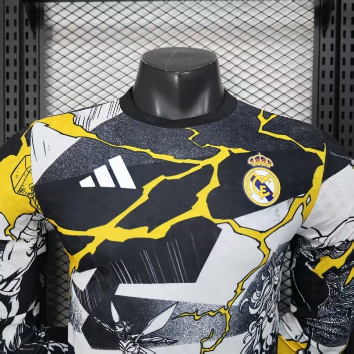 Player Version 25/26 Real Madrid Special Edition Long Sleeve Black with Comic Superhero and Golden Lightning Pattern Jersey