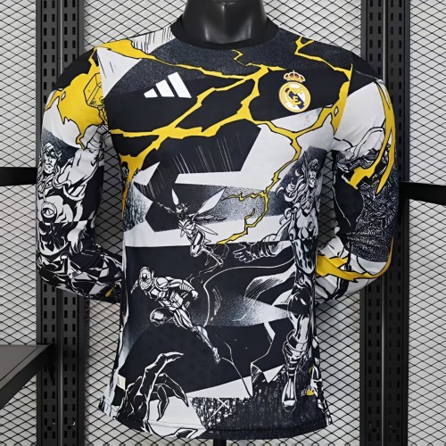 Player Version 25/26 Real Madrid Special Edition Long Sleeve Black with Comic Superhero and Golden Lightning Pattern Jersey