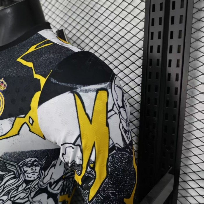 Player Version 25/26 Real Madrid Special Edition Long Sleeve Black with Comic Superhero and Golden Lightning Pattern Jersey