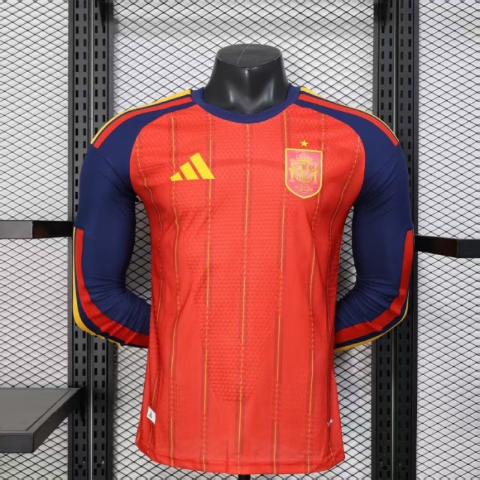 Player Version 2026 Spain Home Long Sleeve Red with Vertical Stripe Pattern Jersey