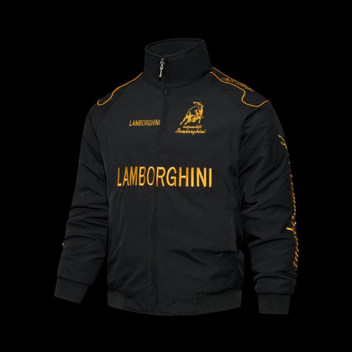 2026 F1 Lamborghini Automobili Black Racing Jacket with Gold Bull Logo Embroidery and Piping Details