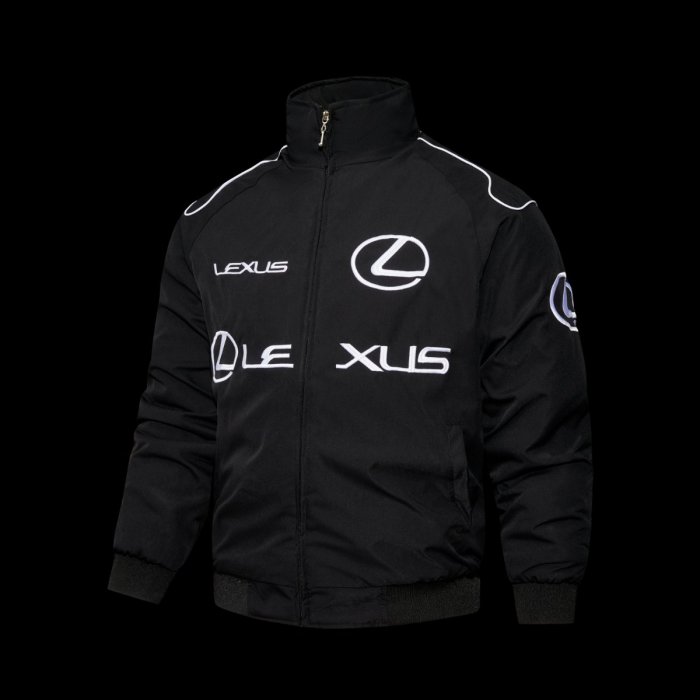 2026 F1 Lexus Black Racing Jacket with White Logo Embroidery and Piping Details