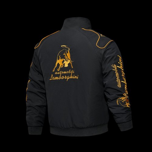 2026 F1 Lamborghini Automobili Black Racing Jacket with Gold Bull Logo Embroidery and Piping Details