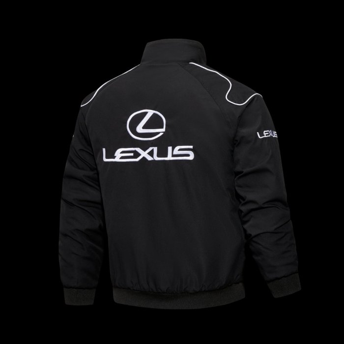 2026 F1 Lexus Black Racing Jacket with White Logo Embroidery and Piping Details