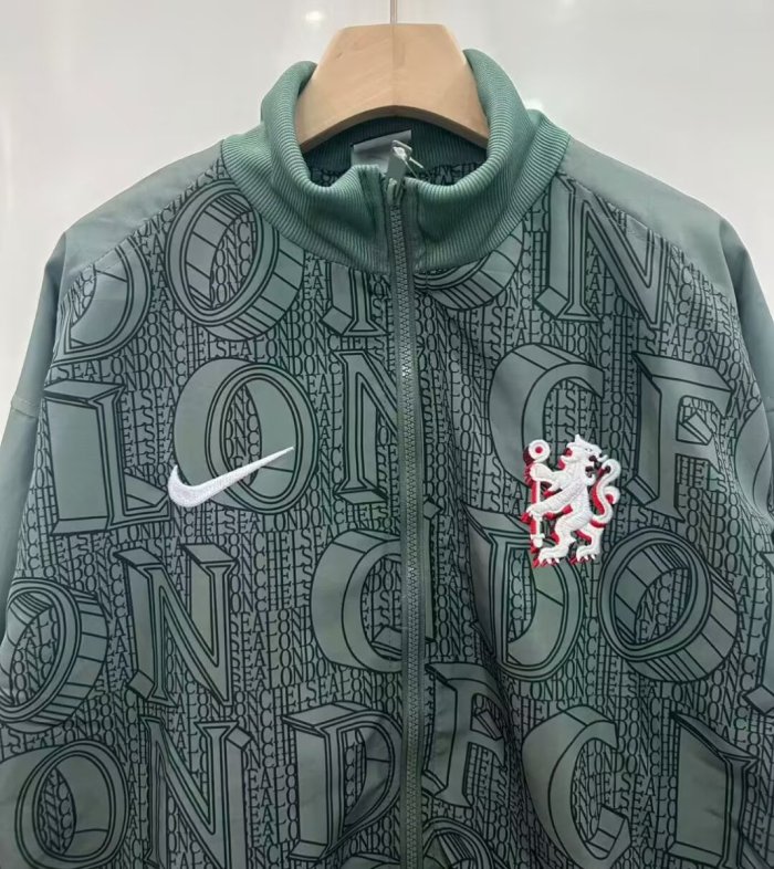 25/26 Chelsea FC Green with All-Over London Text Pattern Full Zipper Windbreaker