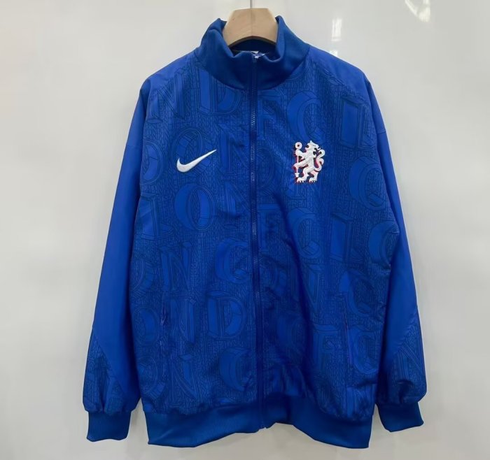 25/26 Chelsea FC Blue with All-Over London Text Pattern Full Zipper Windbreaker