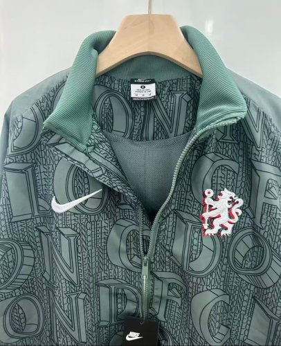 25/26 Chelsea FC Green with All-Over London Text Pattern Full Zipper Windbreaker