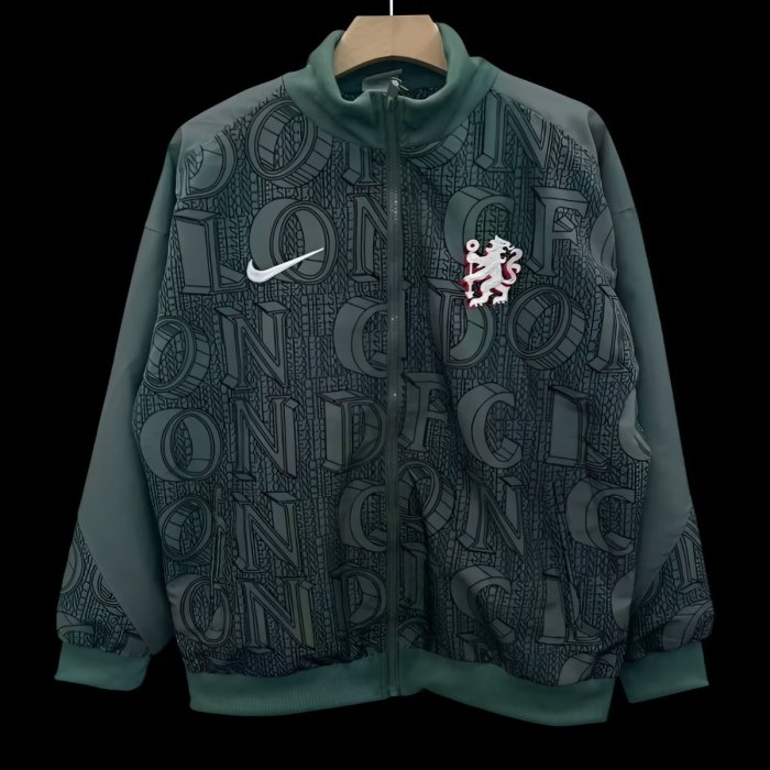 25/26 Chelsea FC Green with All-Over London Text Pattern Full Zipper Windbreaker