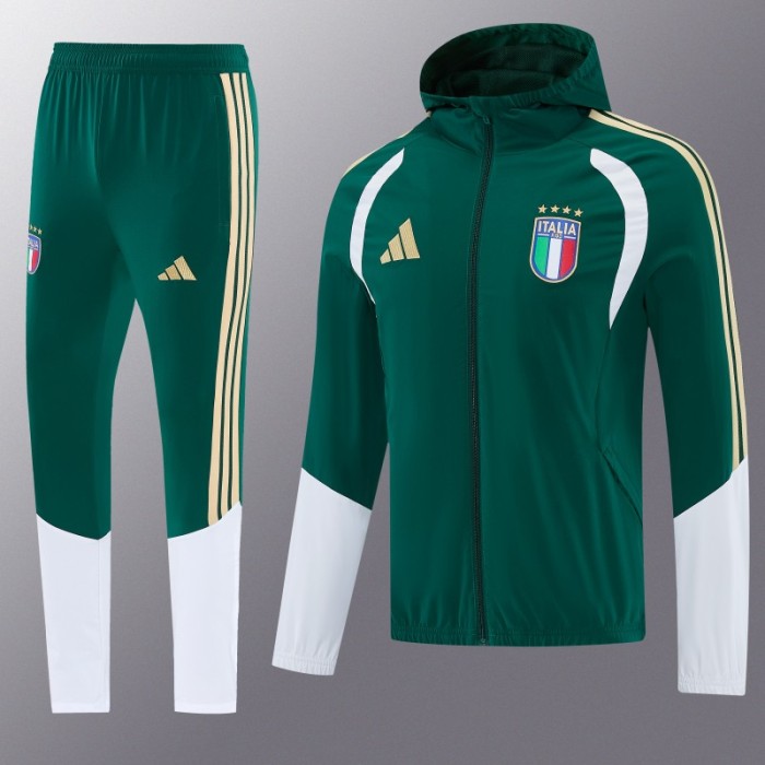 2026 Italy Green Hoodie Full Zipper Windbreaker + Long Pants