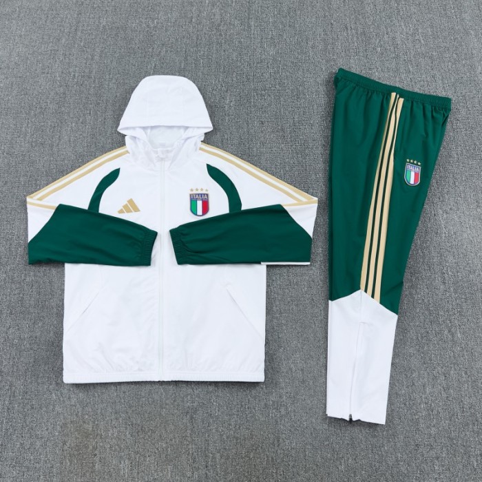 2026 Italy White Hoodie Full Zipper Windbreaker + Long Pants