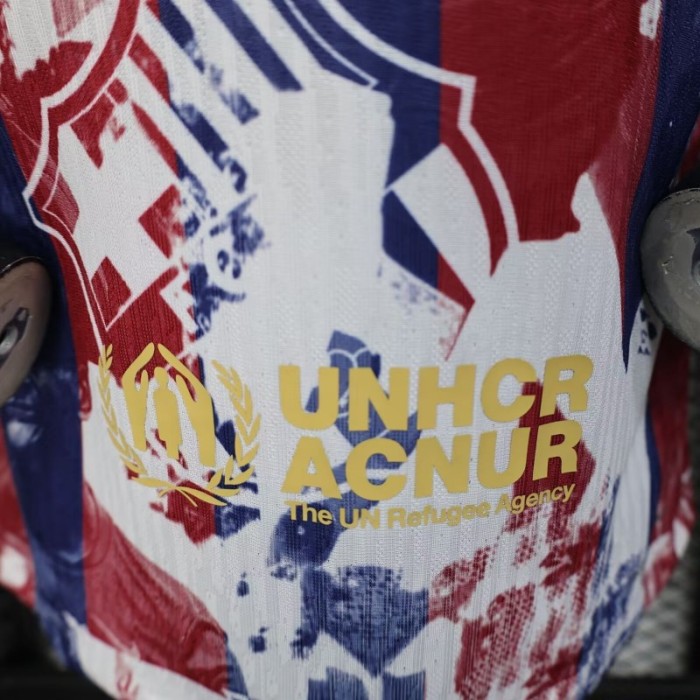 25/26 Player Version Barcelona White with Red Blue Abstract Art Jersey