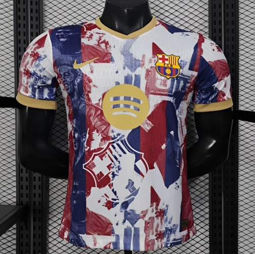 25/26 Player Version Barcelona White with Red Blue Abstract Art Jersey