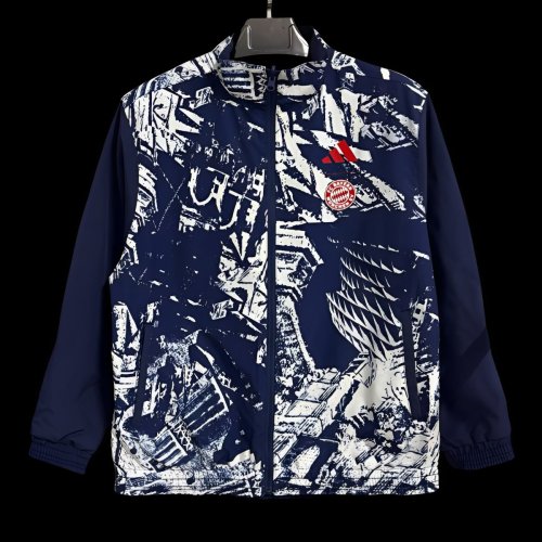25/26 Bayern Munich Navy Blue with White Abstract Graffiti Pattern Full Zipper Windbreaker