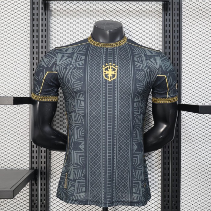 2026 Player Version Brazil Black with Gold Geometric Tribal Pattern Jersey