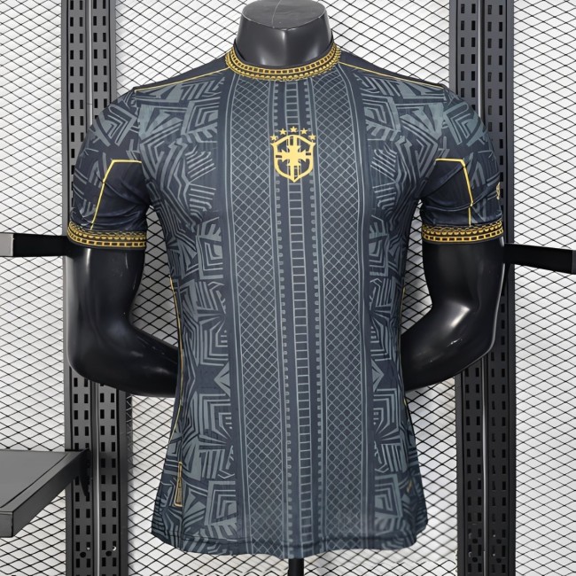 2026 Player Version Brazil Black with Gold Geometric Tribal Pattern Jersey