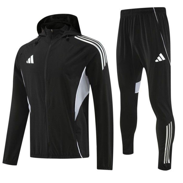 26/27 Adidas Black With White logo Full Zipper Hooded Jacket Tracksuit + Long Pants