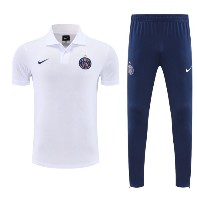 26/27 Paris White Polo Training Shirt +Navy Blue Long Pants Tracksuit
