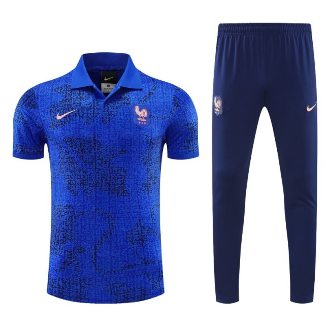 26/27 France Blue Polo Training Shirt + Long Pants Tracksuit