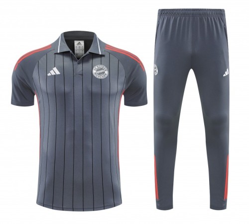 26/27  Bayern Munich Grey Stripes Polo Training Shirt + Long Pants Tracksuit