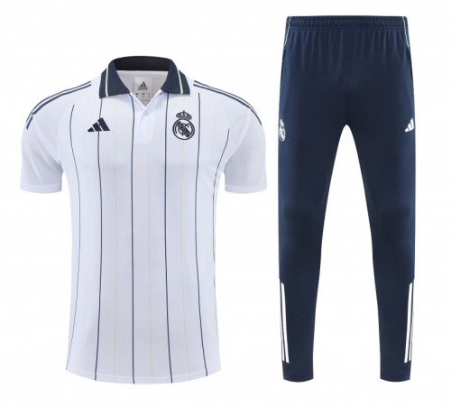 26/27   Real Madrid White Stripes Polo Training Shirt + Long Pants Tracksuit