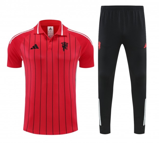 26/27 Manchester United Red Stripes Polo Training Shirt + Long Pants Tracksuit