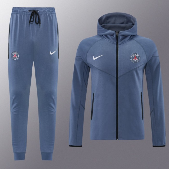 26/27  Paris Saint-Germain Steel Blue Full Zipper Hooded Jacket Tracksuit + Long Pants