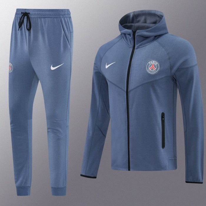 26/27  Paris Saint-Germain Steel Blue Full Zipper Hooded Jacket Tracksuit + Long Pants